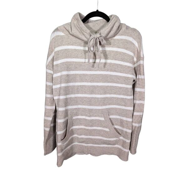 Loft Cowl Neck Sweater Striped Tan White Women's Size S - Picture 1 of 5